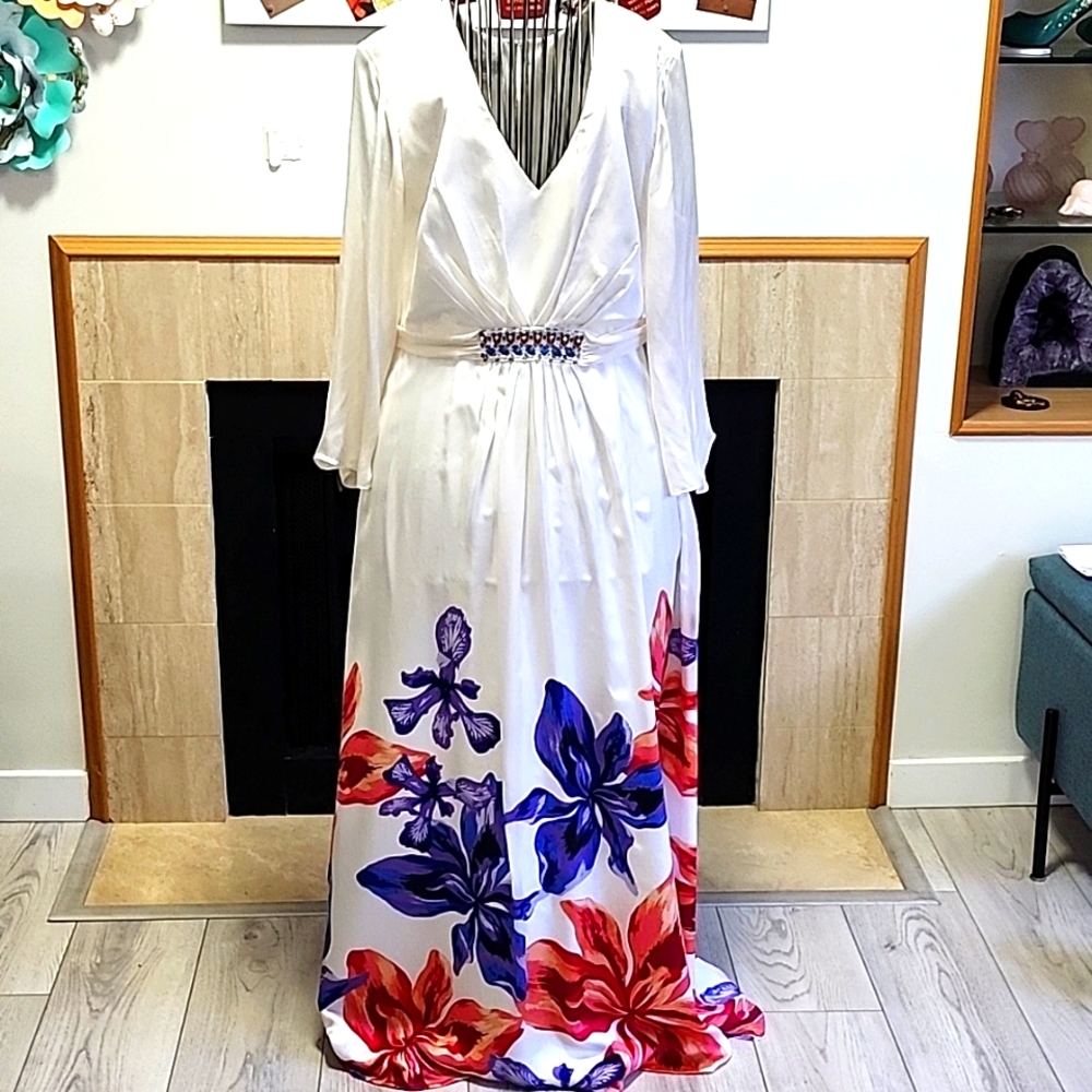Elegant White Silk Dress with Flowers